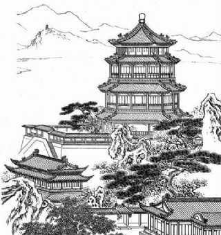 建筑 楼阁 国画 白描 工笔画 亭台楼阁 风景 山石 松树